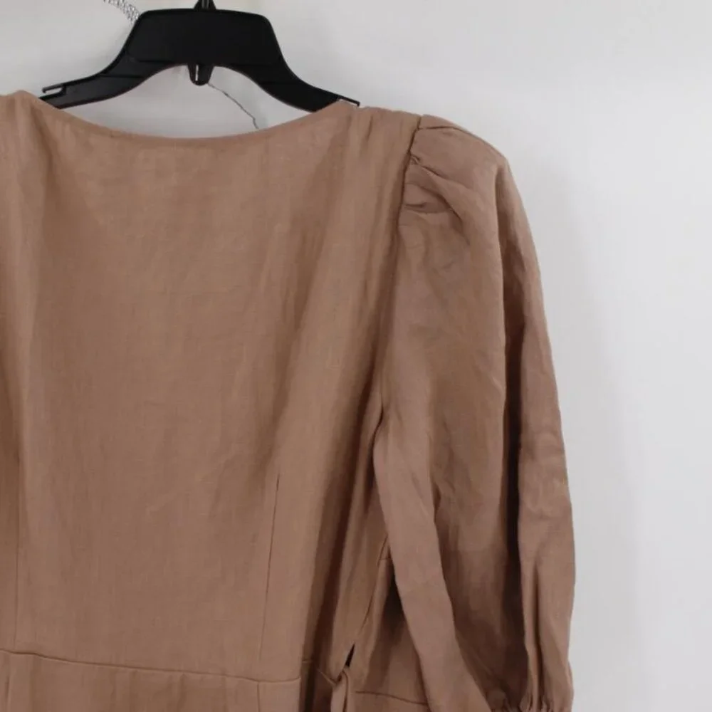 NEW Reformation Anna wrap Dress Women's XL Clay Brown Linen Puff Sleeves Midi - Picture 7 of 15
